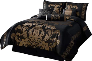 7-Piece Jacquard Floral Comforter Set, California King, Black/Gold - Picture 1 of 12