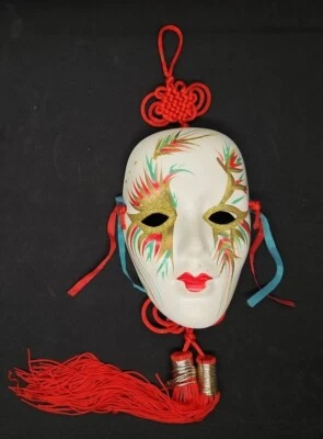 Asian Ceramic Wall Mask Hand Painted with Red Silky Tassel  - Image 1 of 2