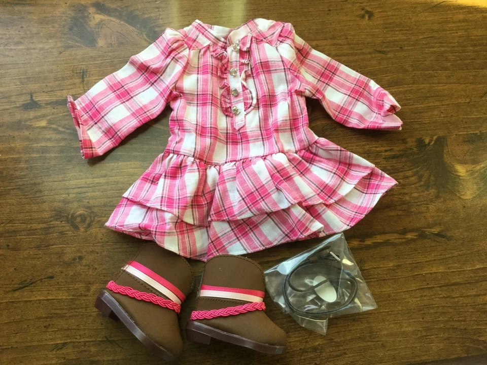 American Girl Doll Truly Me Western Plaid Outfit 3pc Dress BOOTS Belt