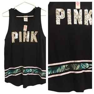 NEU MIT ETIKETT VICTORIA’S SECRET PINK LOGO PAILLETTEN RACERBACK TROPISCHER DRUCK TANK TOP SMALL - Bild 1 von 10
