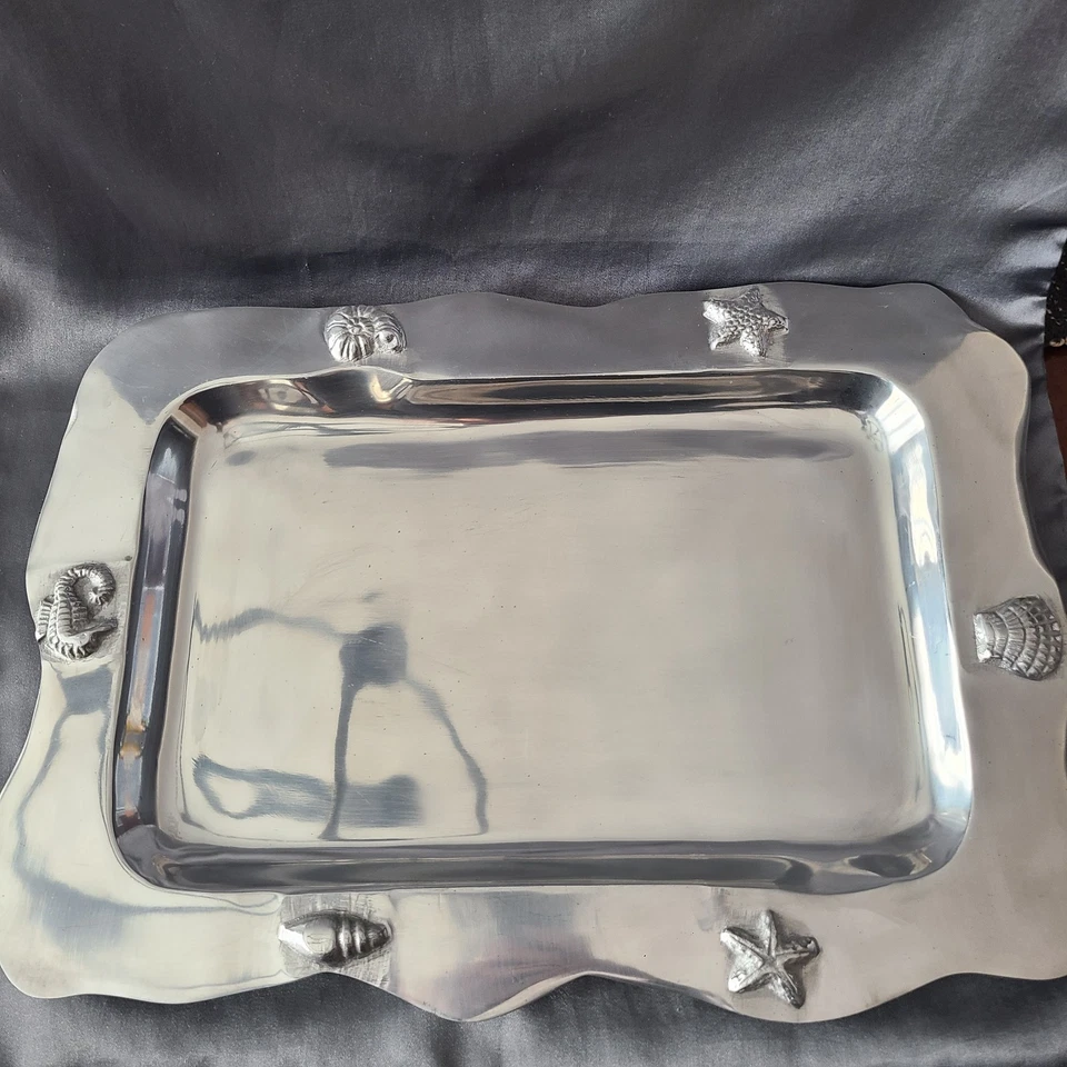 Ihi Serving Tray Plate Pewter Metal 17.5x12.5" Silver Tone Hand India Shiny READ - Image 1 of 4