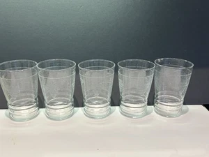 5 Clear Optic Stripe Etched Juice Glasses Thin Hand Blown Grapes Floral 1950’s - Picture 1 of 12