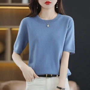 Femme Slim Manche Courte Pull Faux Cachemire Pull Tricoté Bas Chemise - Picture 1 of 29