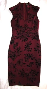 Windsor Burgundy Wiggle Dress Black Flocked Floral Size M Sleeveless Body Con - Picture 1 of 4