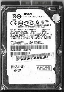 HITACHI HTS541612J9SA00 120GB SATA HARD DRIVE P/N: 0A50686 MLC: DA1587 - Picture 1 of 2
