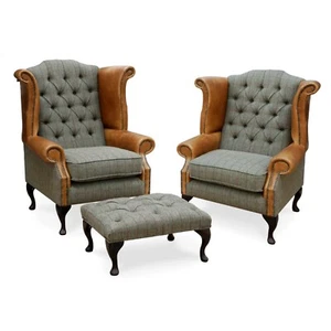 Pair of Chesterfield Wing Back Chairs & Footstool in Tan Leather & Harris Tweed - Picture 1 of 8