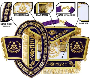 DELANTAL MASONIC GRAND LODGE PAST MASTER 100% PIEL DE CORDERO CON COLLAR DE CADENA + JUEGO DE PUÑOS - Imagen 1 de 17