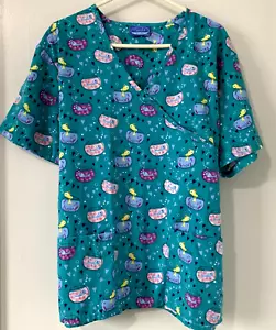 CAROL'S SCRUBS TOP LARGE Fishbowl Pattern Wrap Look Back Tie Aqua EUC - Picture 1 of 8