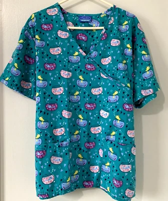 CAROL'S SCRUBS TOP  LARGE  Fishbowl Pattern   Wrap Look   Back Tie   Aqua    EUC - Image 1 of 4