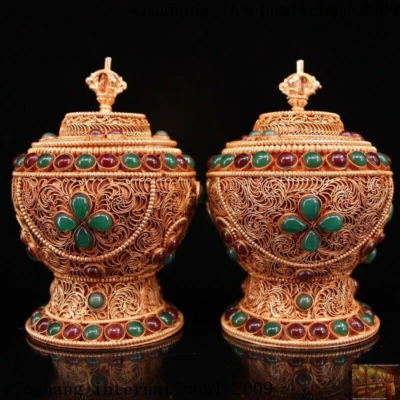 4"Old Tibet Buddhism silver Gilt Inlay gem Buddha's Relics Shariputra box Boxes - Image 1 of 4