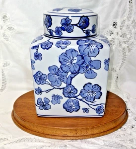 Vaso vaso zenzero fiori ciliegio blu e bianco con coperchio 9” decorazione porcellana chinoiserie - Foto 1 di 3