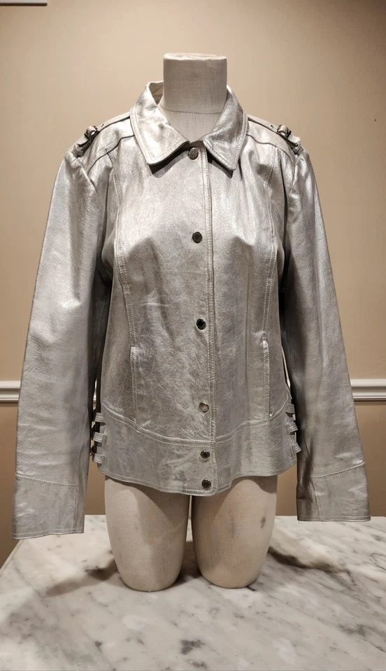 Bradley By Bradley Bayou Silver Metallic Leather Jacket  Large - Image 1 of 4
