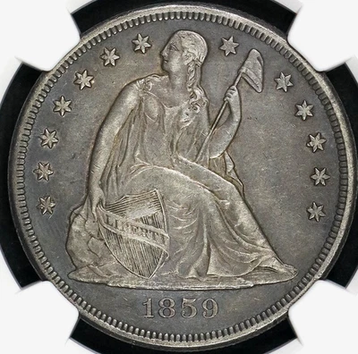 1859 O SEATED LIBERTY "NO MOTTO" DOLLAR NGC CHOICE AU53 EXCELLENT GLOSSY MEDIUM - Image 1 of 4