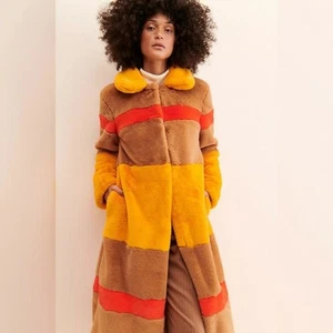Hutch Anthropologie Colorblock Striped Faux Fur Jacket Women's Size Large - Picture 1 of 11