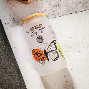 16OZ Motivational Stay Positive Mindset Frosted Glass Cup Bamboo Lid with Straw - Picture 1 of 3