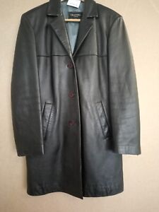 Vintage 90's Chantel London Ladies Black Leather Long Coat Size L Quality