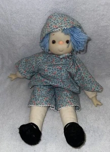 Vintage Ice Cream Face Rag Doll Blue Yarn Hair Plush Body Floral Outfit Hat 15” - Picture 1 of 3