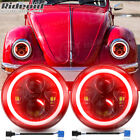For Volkswagen Beetle 1967-1979 Pair 7 Inch Round LED Headlight w/ Red Halo DRL Chevrolet Chevette