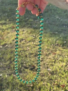 23” Murano Glass Emerald Green Necklace With Gold Tone Petal Caps - Picture 1 of 7