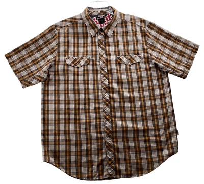 Split Men's Brown Plaid Shirt Size L Button-up Snaps Pockets Short Sleeves - Image 1 of 4