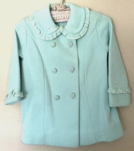 Vintage Little World Dress Coat & Beret Blue Knit White Flowers Mod A-Line - Picture 1 of 12