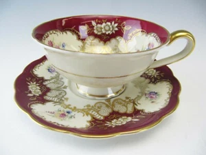 Royal Bayreuth Cup & Saucer Burgundy with Floral Panels - Picture 1 of 9