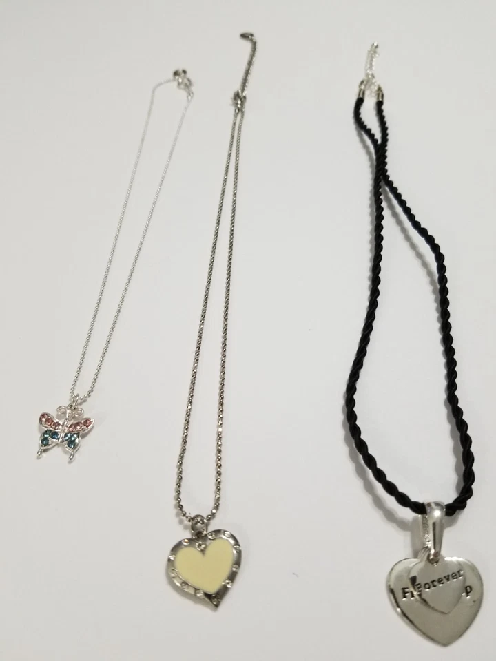 Three necklaces black cord 15" white heart 15" butterfly 14"  n212* - Image 1 of 4