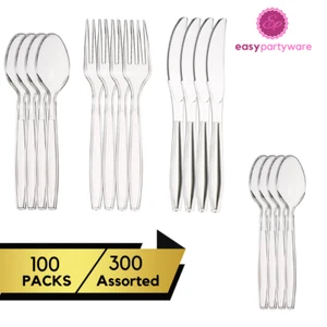 Heavy Duty Clear Plastic Cutlery Tea Spoons Forks Knives Parties Reuseable - Picture 1 of 10