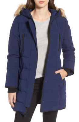 Guess X5613 Women's Blue Hooded Jacket With Faux Fur Trim  Size M - Image 1 of 3