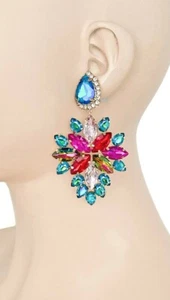 3,3/8" klare bunte Strass Glitzer Glam Party Ohrringe Drag Queen Braut  - Bild 1 von 3