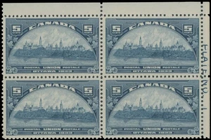 1933, CANADA PARLIAMENT BUILDINGS 5C BLUE, PLATE NO. 1 BLOCK OF 4, NH, U#202 - Picture 1 of 2