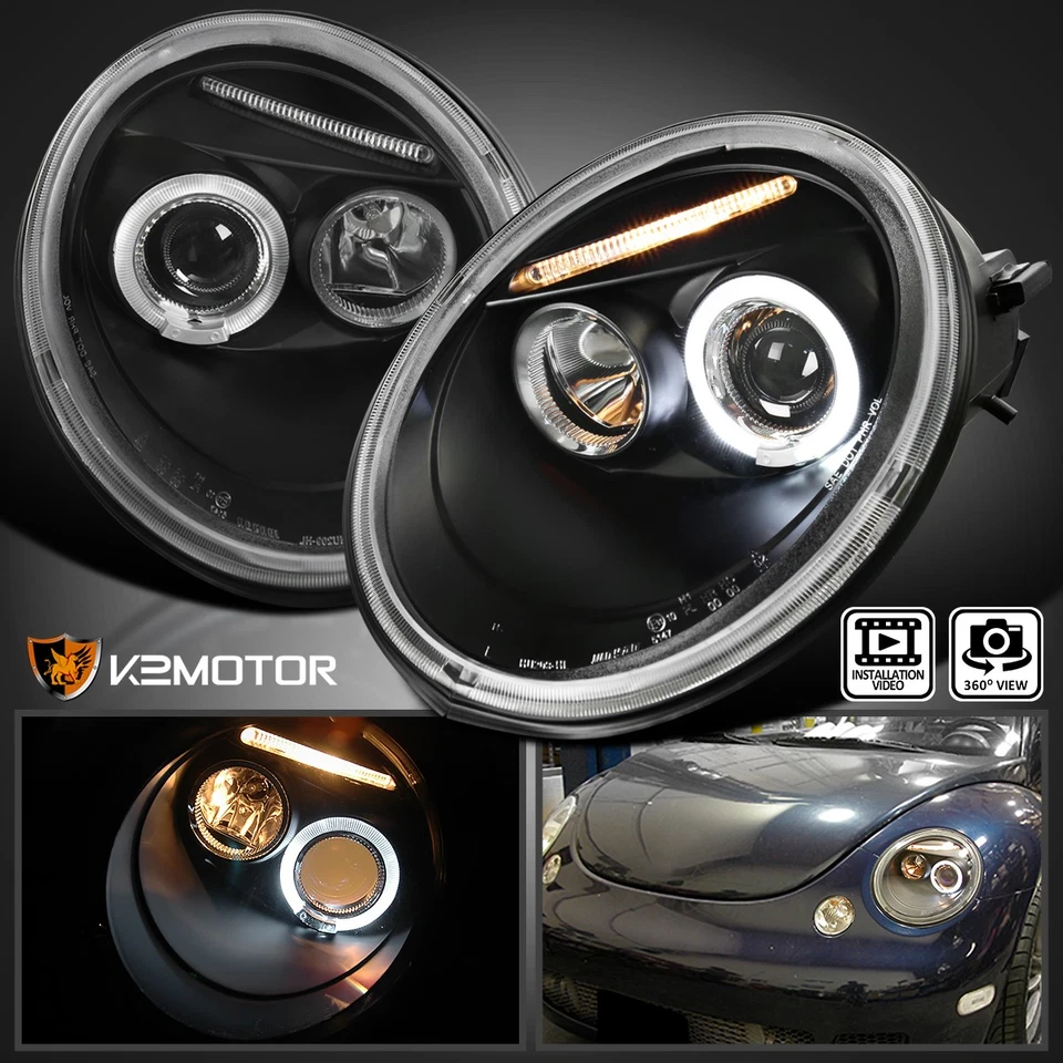 Black Fits 1998-2005 VW Volkswagen Beetle Halo Projector Headlights Left+Right Foto 1 de 4