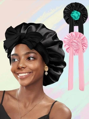 2PCS Silk Bonnet for Women, Satin Bonnet for Sleeping, Large Sleep Cap with E... - Image 1 of 3