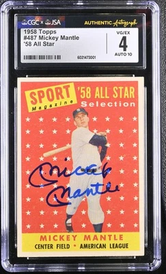 1958 Topps #487 Mickey Mantle CGC 4 JSA Auto 10 All Star Yankees HOF - Image 1 of 2