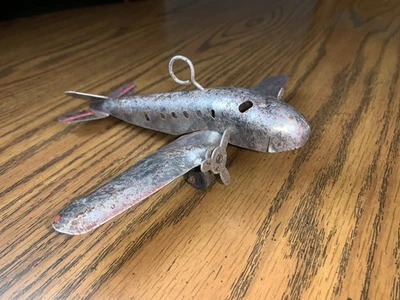 Vintage Metal Pressed Steel Toy Airplane Loop Top, Props Spin, Wood Wheels 7”w - Image 1 of 4