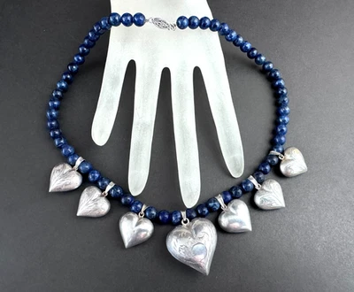 Collar de cuentas de lapislázuli con dijes de corazón soplado grabado de plata de ley 925 firmado 16,5"" Foto 1 de 4