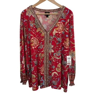 NWT JM Collection Red Dressy Boho Blouse with Bling Women's Size 2X Long-Sleeve - Picture 1 of 9