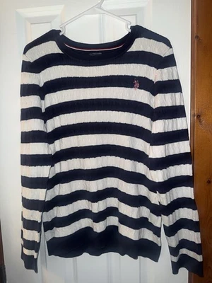U.S. Polo Assn. Suéter de algodón tejido con cable a rayas crema y azul marino para mujer XL Foto 1 de 4