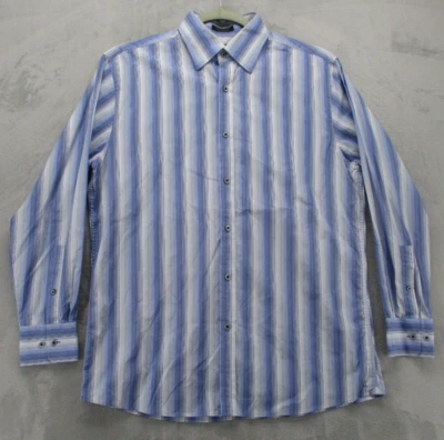 Рубашка на пуговицах мужская John W. Nordstrom L синяя бежевая белая полоса 100% хлопок - Изображение 1 из 4