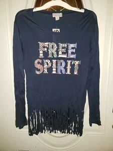 *NWT FREE SPIRIT FRINGED TUNIC TOP Long Sleeve NAVY SIZE L by PINK CATTLELAC NWT - Picture 1 of 4