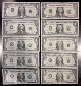 USPC $1 One Dollar Bills 1999 Vintage District Set Lot x10 Notes No H/I $10 FV - Picture 1 of 10