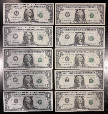 USPC $1 One Dollar Bills 1999 Vintage District Set Lot x10 Notes No H/I $10 FV - Image 1 of 4