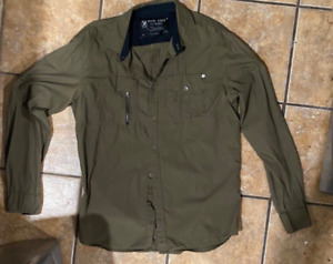 Marc Ecko Shirt Size Large Army Green Men Cotton Button Up Cut & Sew