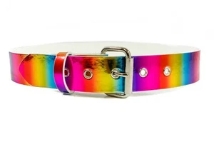 Rainbow Holographic Pride Rave Belt Punk Goth Metal Grommet Vegan Funk Plus USA  - Picture 1 of 4