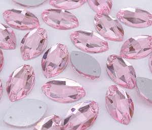 Sew On 13x22mm Crystal Rhinestone Navette Pink Glass Jewels Faceted Bead - Picture 1 of 6