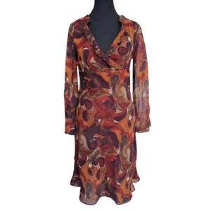 Women's Paisley Print Ruffled V-Neck Long Sleeve Below the knee Dress, Size M/L - Picture 1 of 14