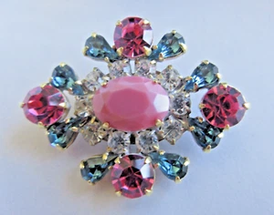 Outstanding Czech Rhinestone  Glass Vintage Style Button Blue & Crystal w/c Pink - Picture 1 of 3