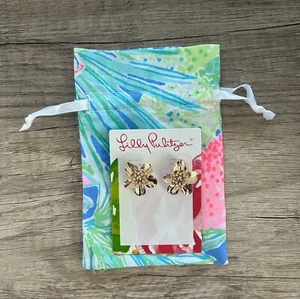 NWT Lilly Pulitzer Small Orchid Gold Metallic Stud Earrings Free Ship Pouch Incl - Picture 1 of 3