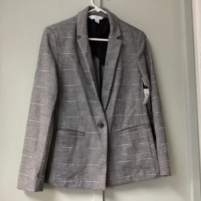 Old Navy 女式中号针织 Ponte 开衫夹克白色黑色格子格子学院风 N — 第 1/4 张图片