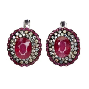 Mother Day 925 Silver Earrings Oval Ruby Round Ruby Myanmar Sapphire Jewelry - Picture 1 of 13